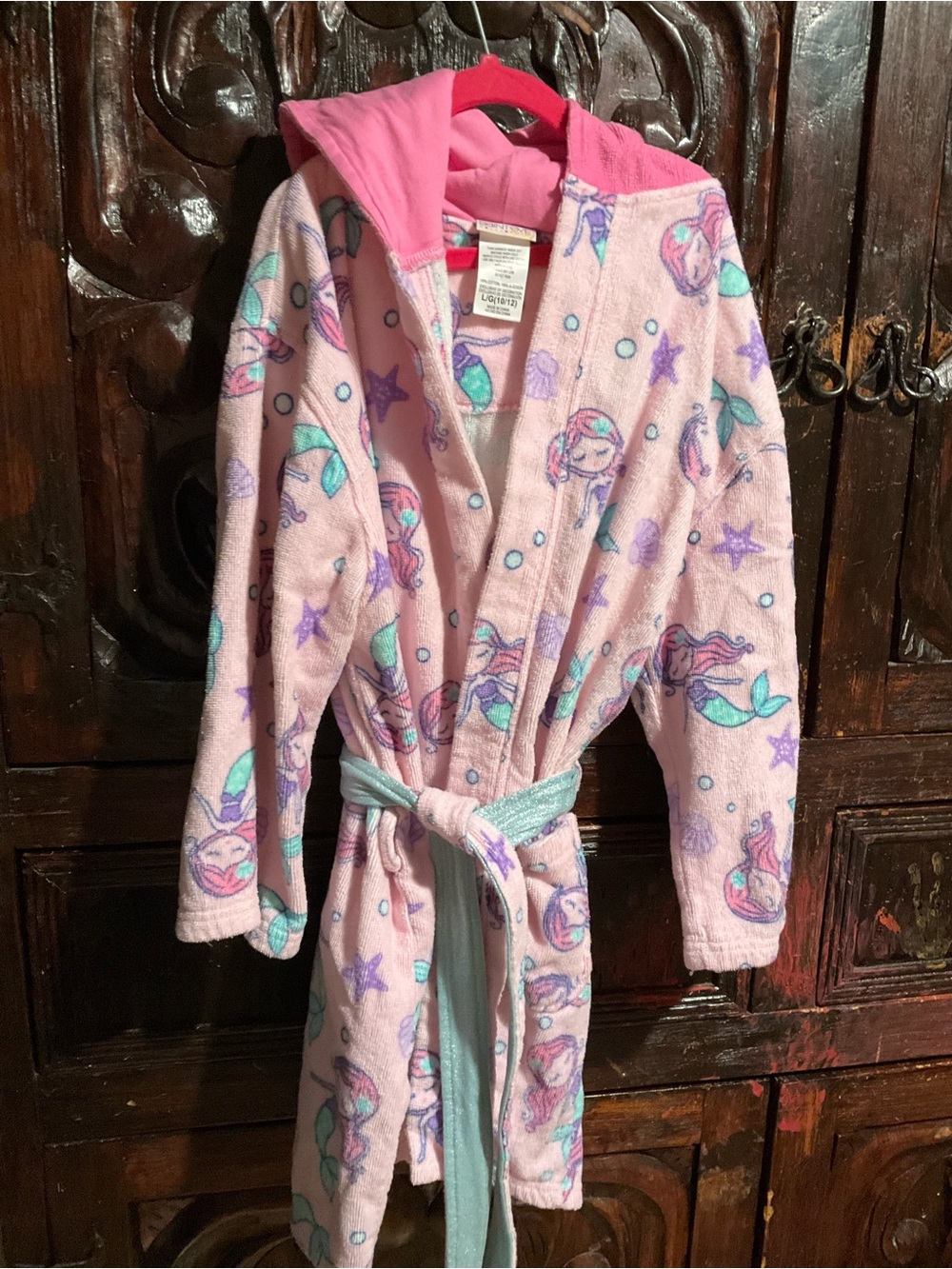 Cozy Pink Mermaid Hooded Kids Bath Robe with Tie Belt